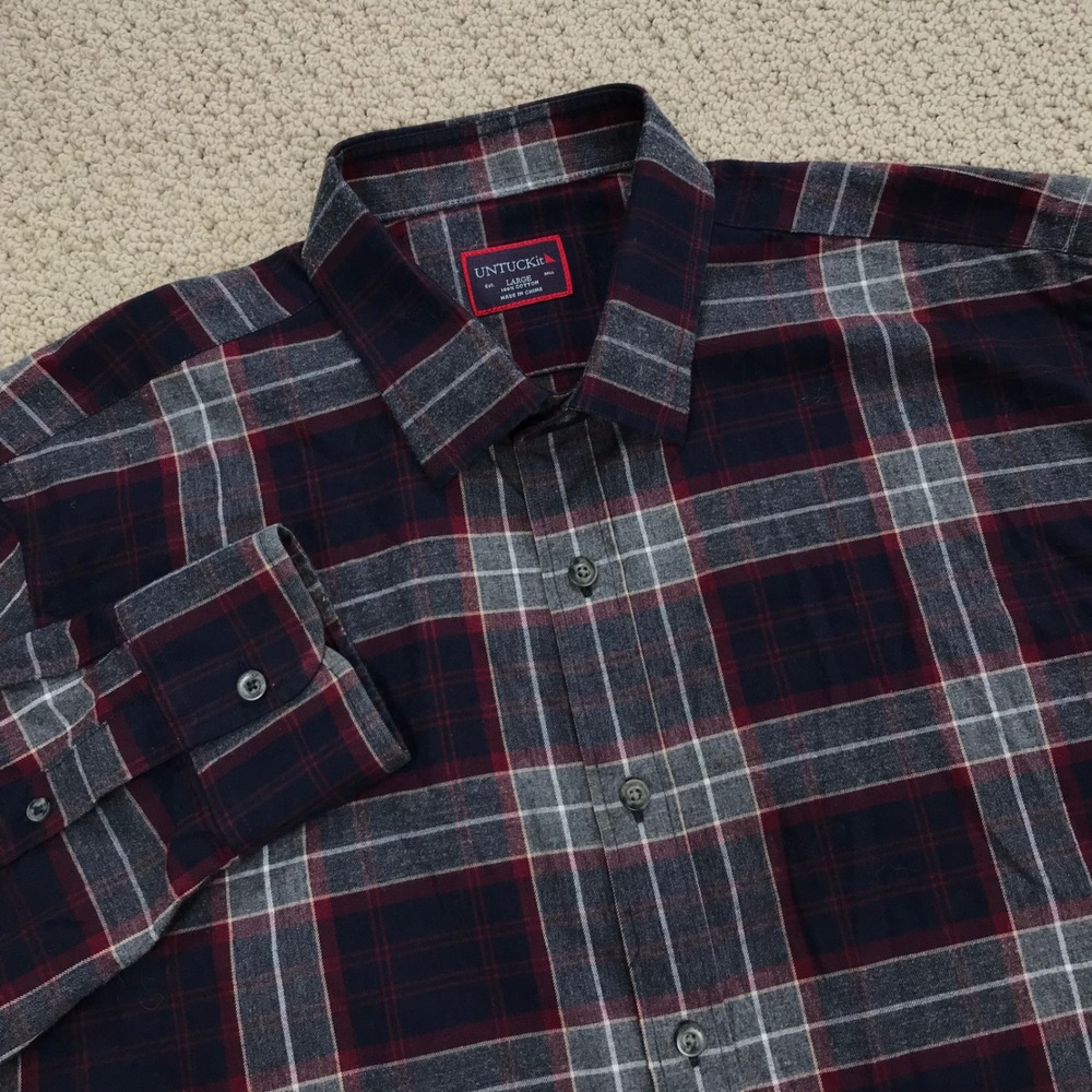 UNTUCKit Mens Large Flannel Shirt Navy Blue Burgundy Plaid Cotton Long Sleeve